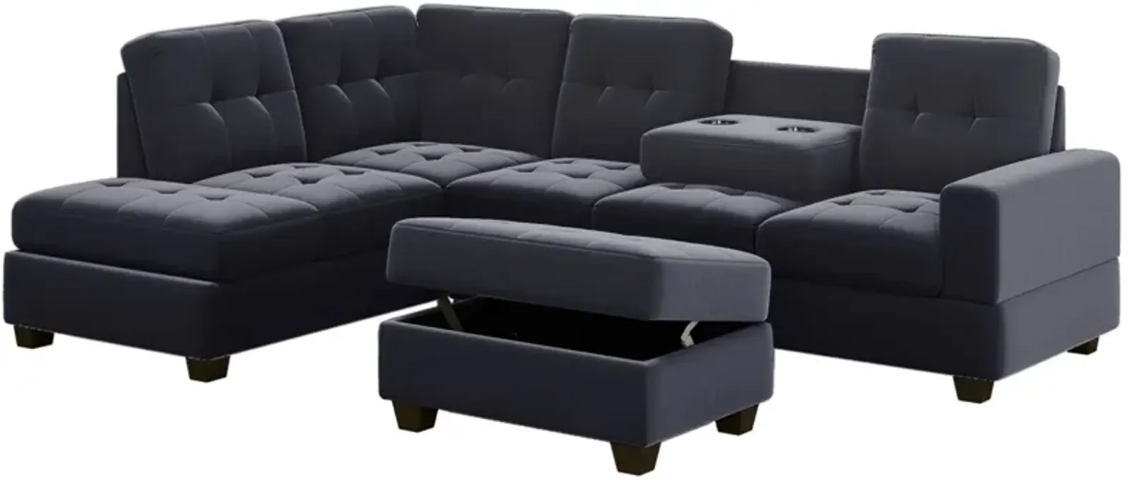 Modern Sectional Sofa With Reversible Chaise, L Shaped Couch Set With Storage Ottoman And Two Cup Holders For Living Room