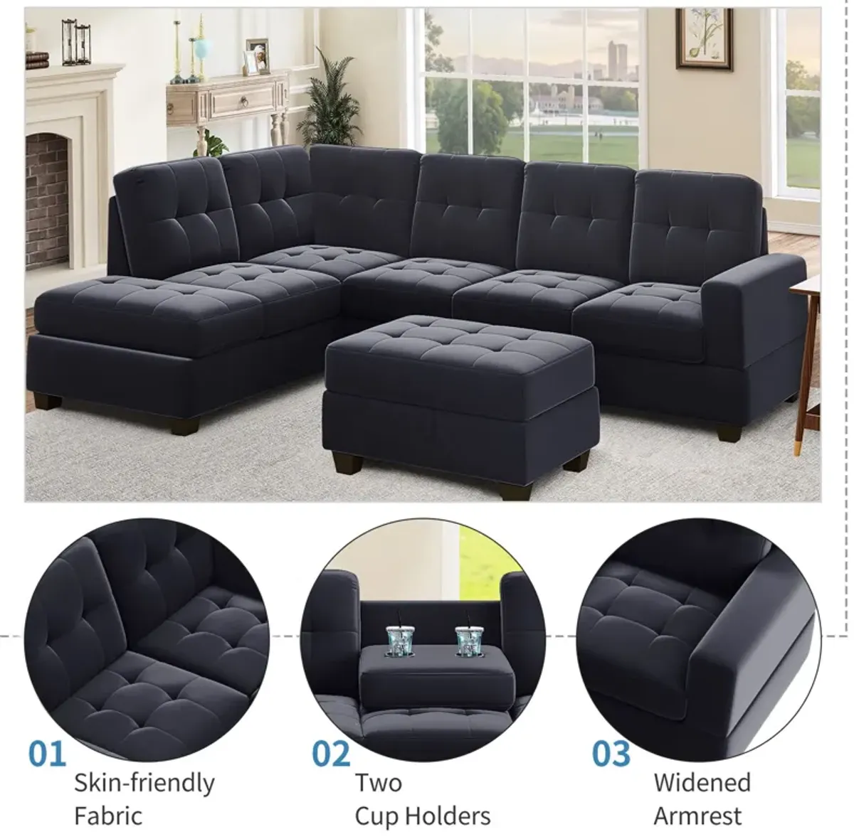 Modern Sectional Sofa With Reversible Chaise, L Shaped Couch Set With Storage Ottoman And Two Cup Holders For Living Room