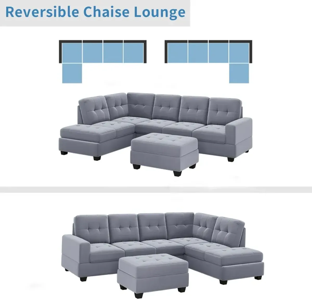 Modern Sectional Sofa With Reversible Chaise, L Shaped Couch Set With Storage Ottoman And Two Cup Holders For Living Room