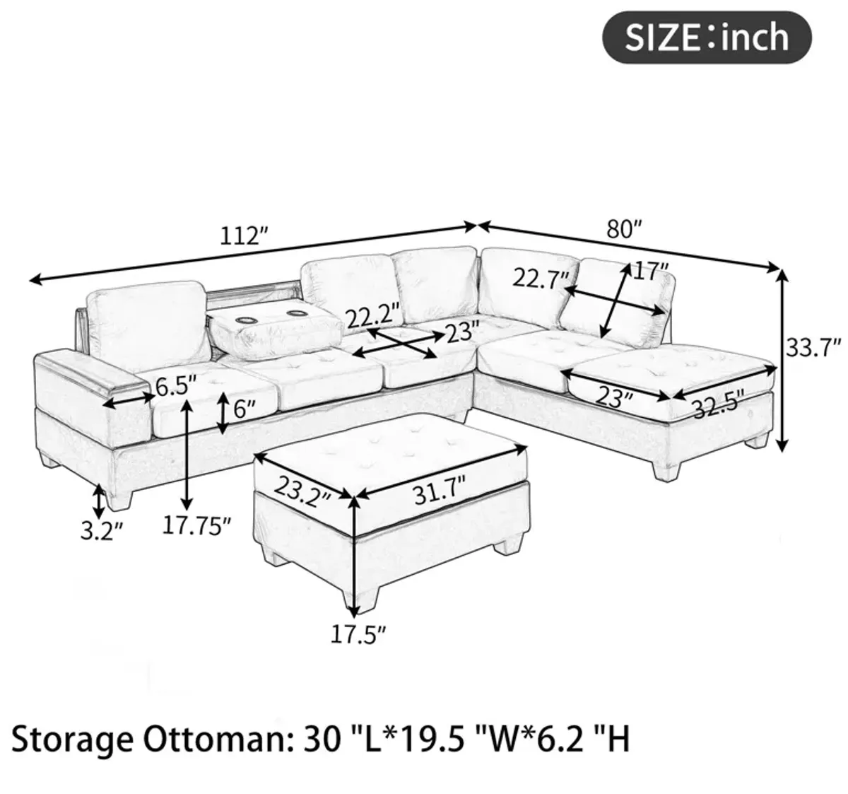 Modern Sectional Sofa With Reversible Chaise, L Shaped Couch Set With Storage Ottoman And Two Cup Holders For Living Room