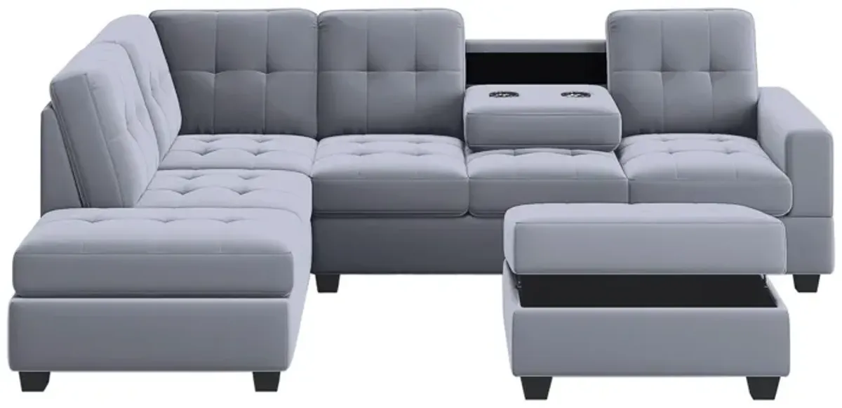 Modern Sectional Sofa With Reversible Chaise, L Shaped Couch Set With Storage Ottoman And Two Cup Holders For Living Room