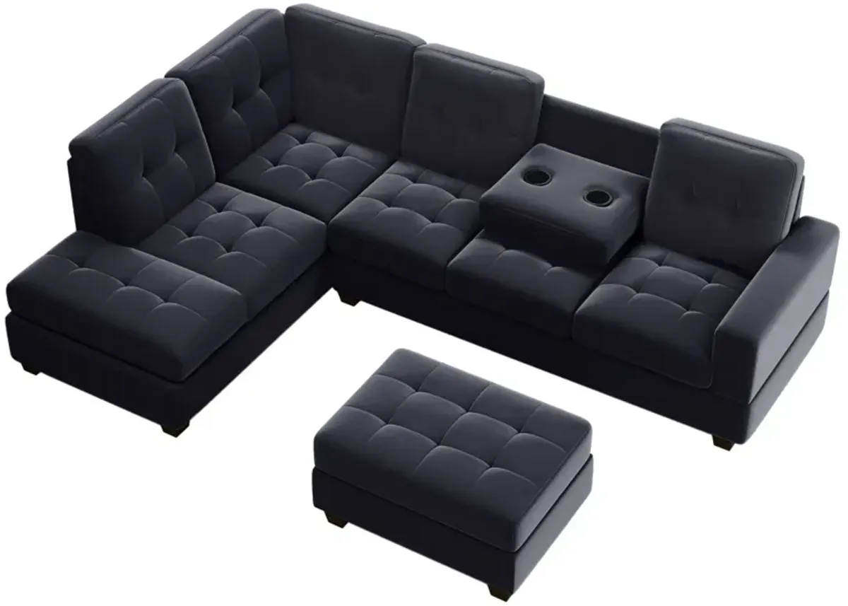 Modern Sectional Sofa With Reversible Chaise, L Shaped Couch Set With Storage Ottoman And Two Cup Holders For Living Room