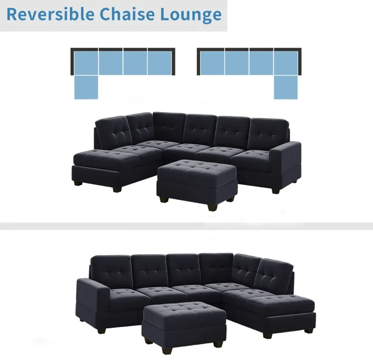 Modern Sectional Sofa With Reversible Chaise, L Shaped Couch Set With Storage Ottoman And Two Cup Holders For Living Room