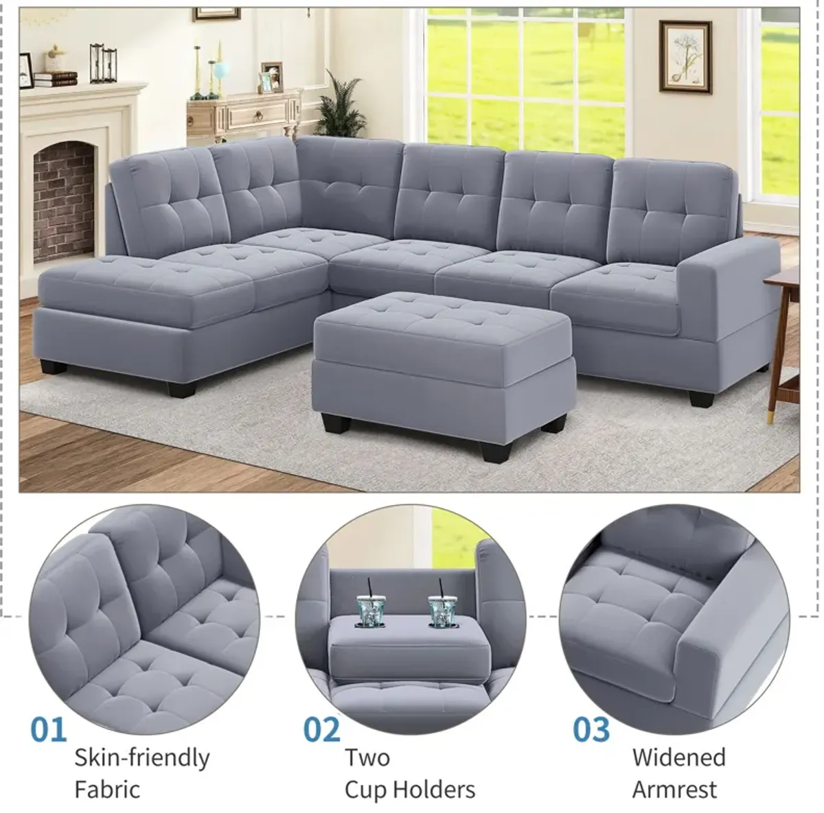 Modern Sectional Sofa With Reversible Chaise, L Shaped Couch Set With Storage Ottoman And Two Cup Holders For Living Room