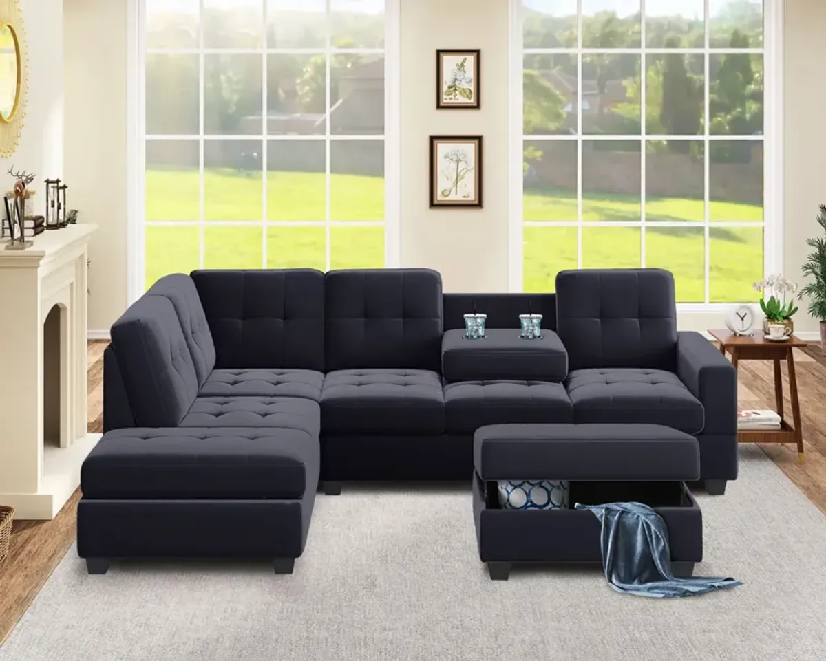 Modern Sectional Sofa With Reversible Chaise, L Shaped Couch Set With Storage Ottoman And Two Cup Holders For Living Room