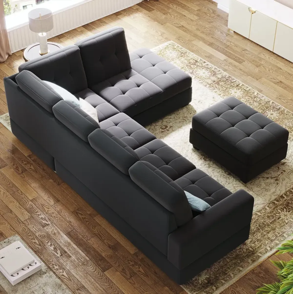 Modern Sectional Sofa With Reversible Chaise, L Shaped Couch Set With Storage Ottoman And Two Cup Holders For Living Room