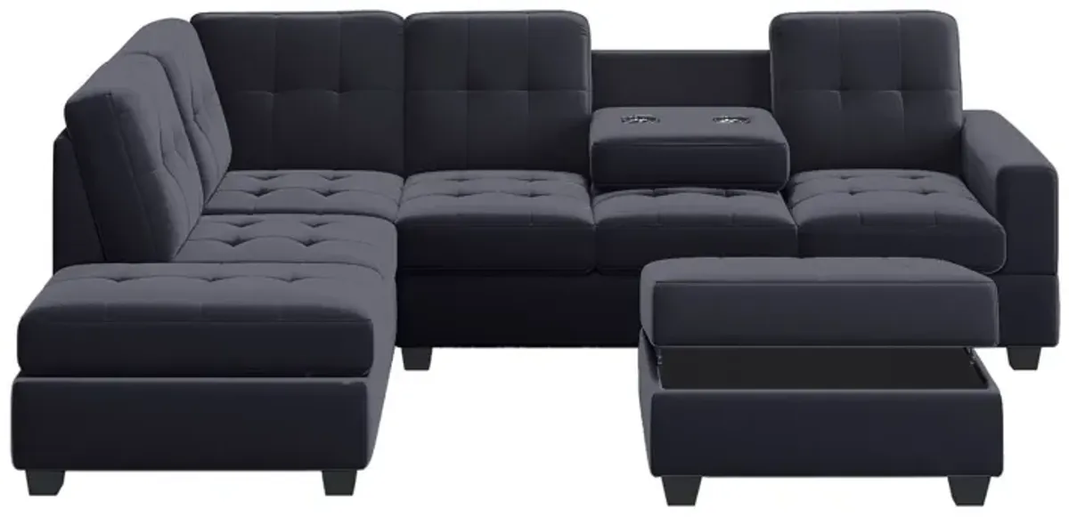 Modern Sectional Sofa With Reversible Chaise, L Shaped Couch Set With Storage Ottoman And Two Cup Holders For Living Room