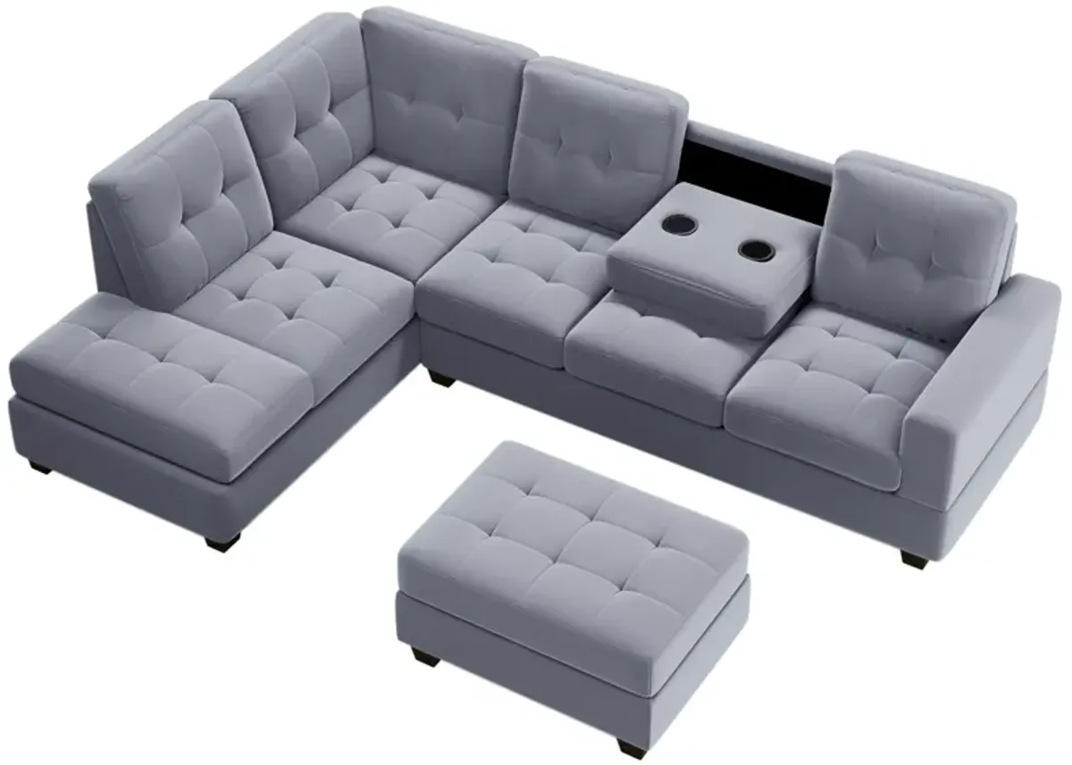 Modern Sectional Sofa With Reversible Chaise, L Shaped Couch Set With Storage Ottoman And Two Cup Holders For Living Room