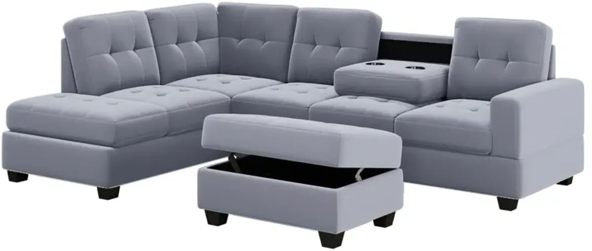 Modern Sectional Sofa With Reversible Chaise, L Shaped Couch Set With Storage Ottoman And Two Cup Holders For Living Room