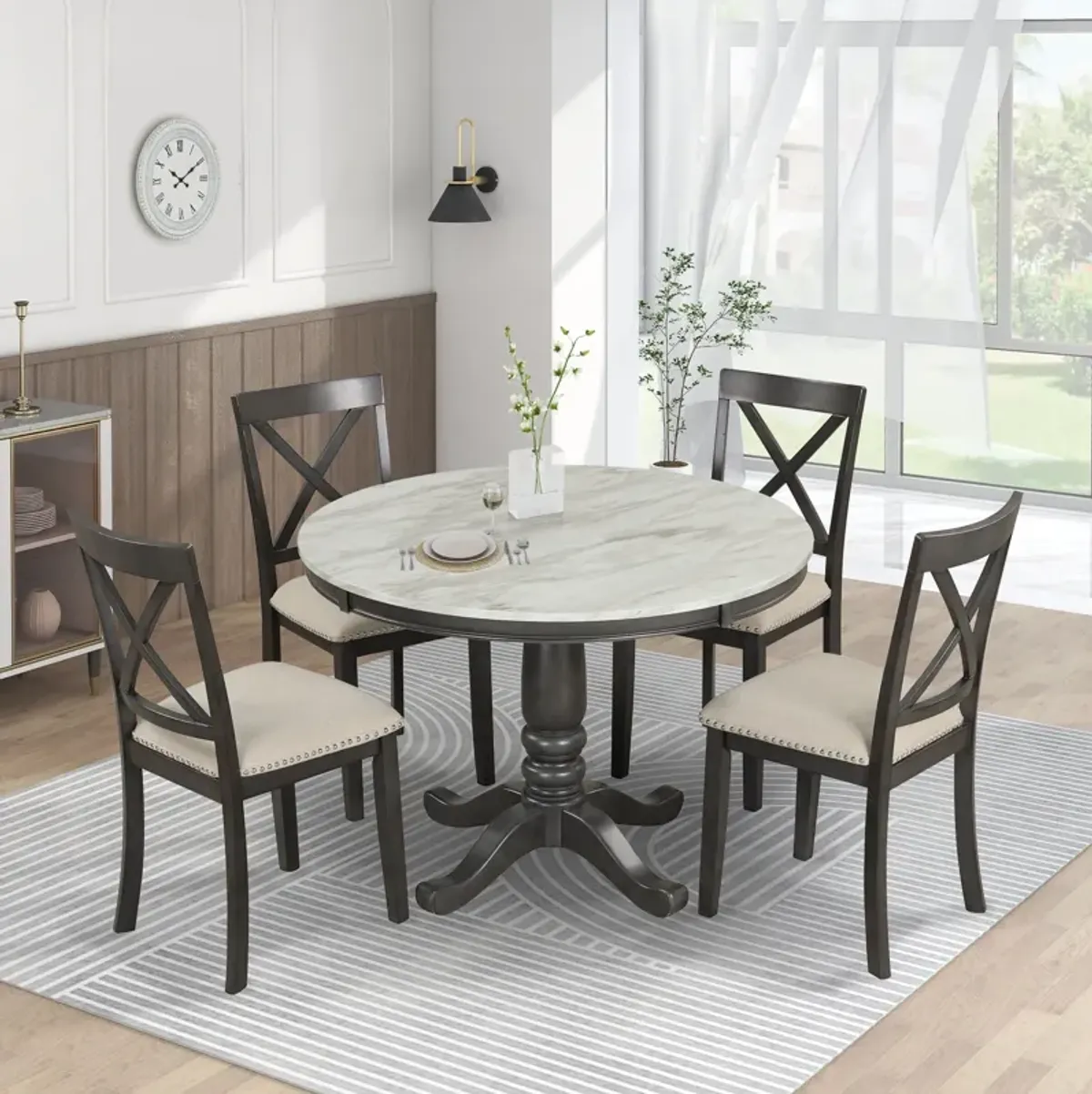 5 Pieces Dining Table And Chairs Set For 4 Persons, Kitchen Room Solid Wood Table With 4 Chairs