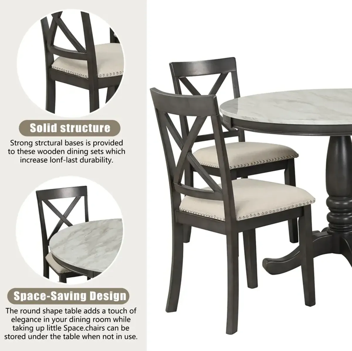 5 Pieces Dining Table And Chairs Set For 4 Persons, Kitchen Room Solid Wood Table With 4 Chairs