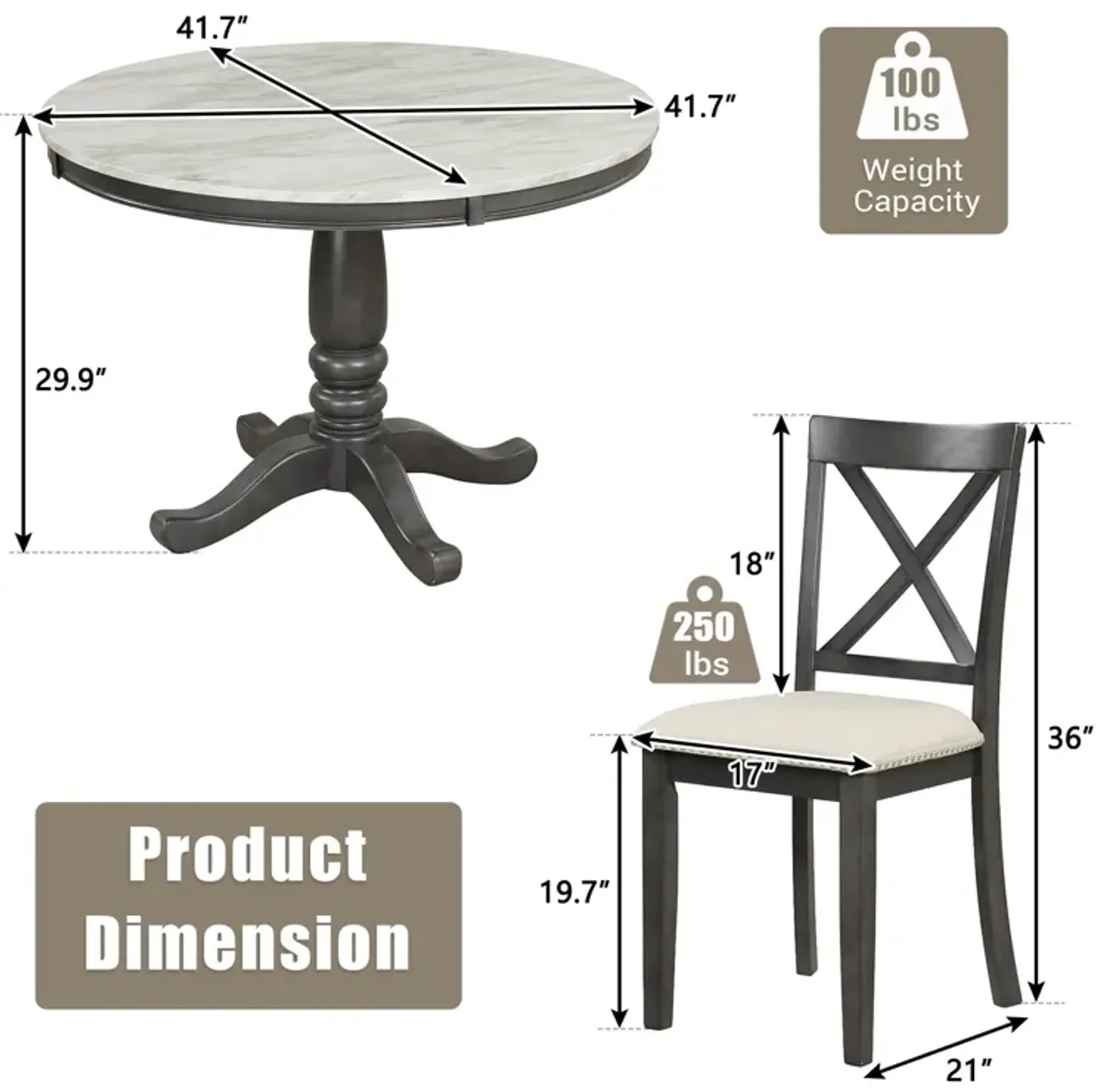 5 Pieces Dining Table And Chairs Set For 4 Persons, Kitchen Room Solid Wood Table With 4 Chairs