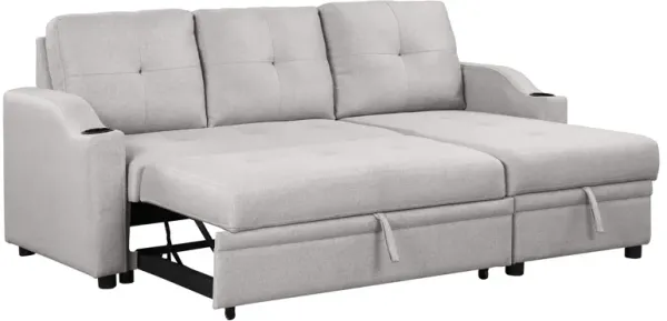 Pull Out Sofa Bed Modern Padded Upholstered Sofa Bed, Linen Fabric 3 Seater Couch With Storage Chaise And Cup Holder, Small Couch For Small Spaces