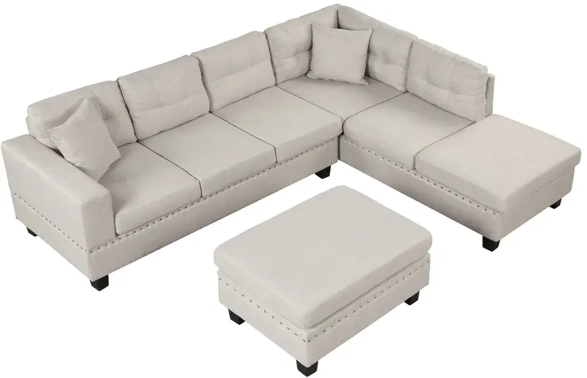 Modern Sectional Sofa With Storage Ottoman, L-Shape Couch With 2 Pillows And Cup Holder, Sectional Sofa With Reversible Chaise For Living Room