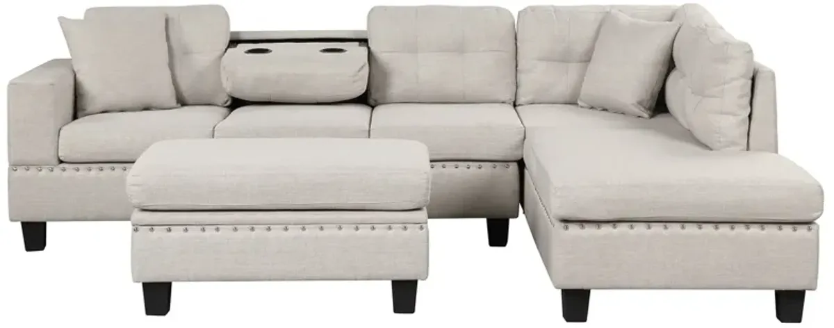 Modern Sectional Sofa With Storage Ottoman, L-Shape Couch With 2 Pillows And Cup Holder, Sectional Sofa With Reversible Chaise For Living Room