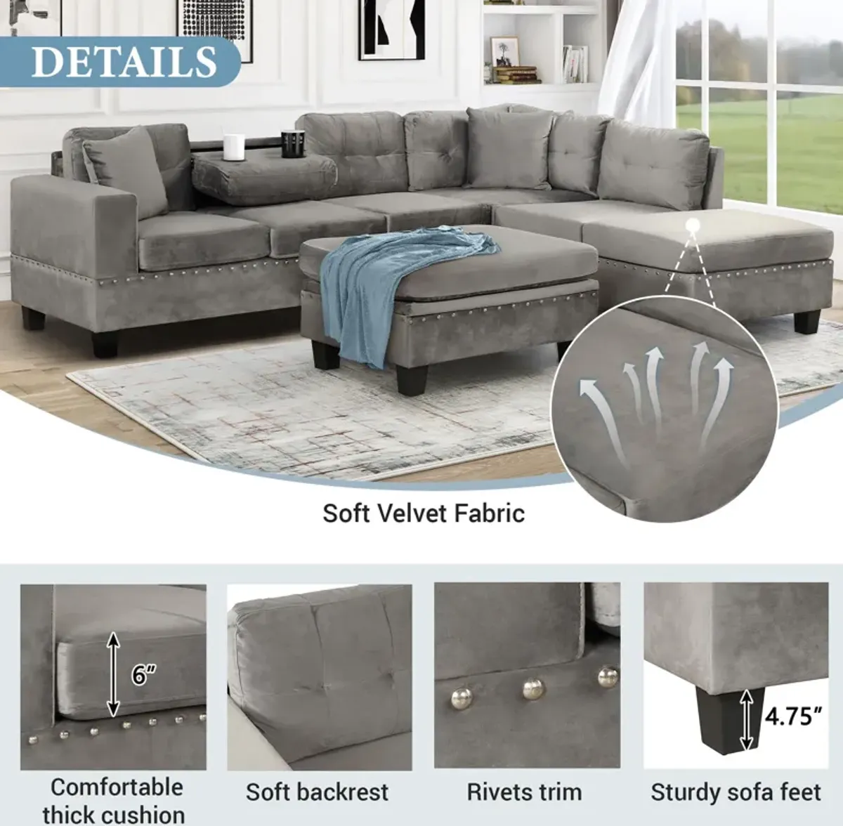 Modern Sectional Sofa With Storage Ottoman, L-Shape Couch With 2 Pillows And Cup Holder, Sectional Sofa With Reversible Chaise For Living Room