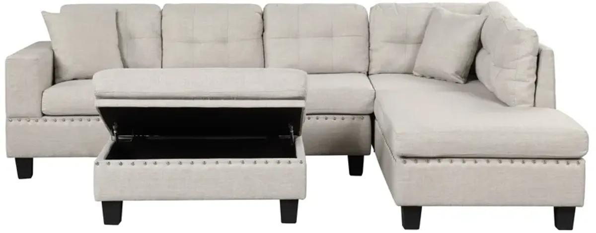 Modern Sectional Sofa With Storage Ottoman, L-Shape Couch With 2 Pillows And Cup Holder, Sectional Sofa With Reversible Chaise For Living Room