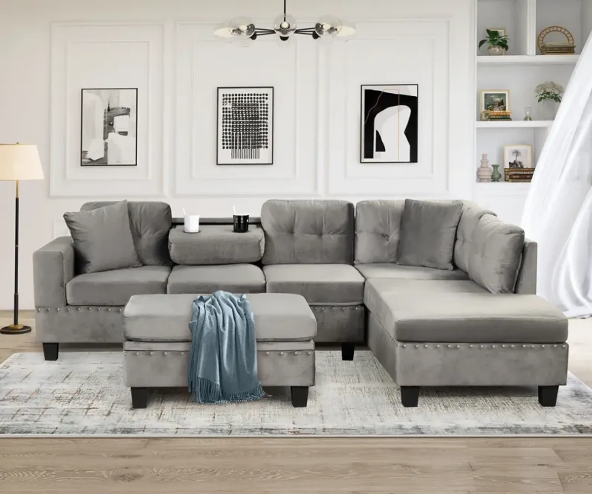 Modern Sectional Sofa With Storage Ottoman, L-Shape Couch With 2 Pillows And Cup Holder, Sectional Sofa With Reversible Chaise For Living Room