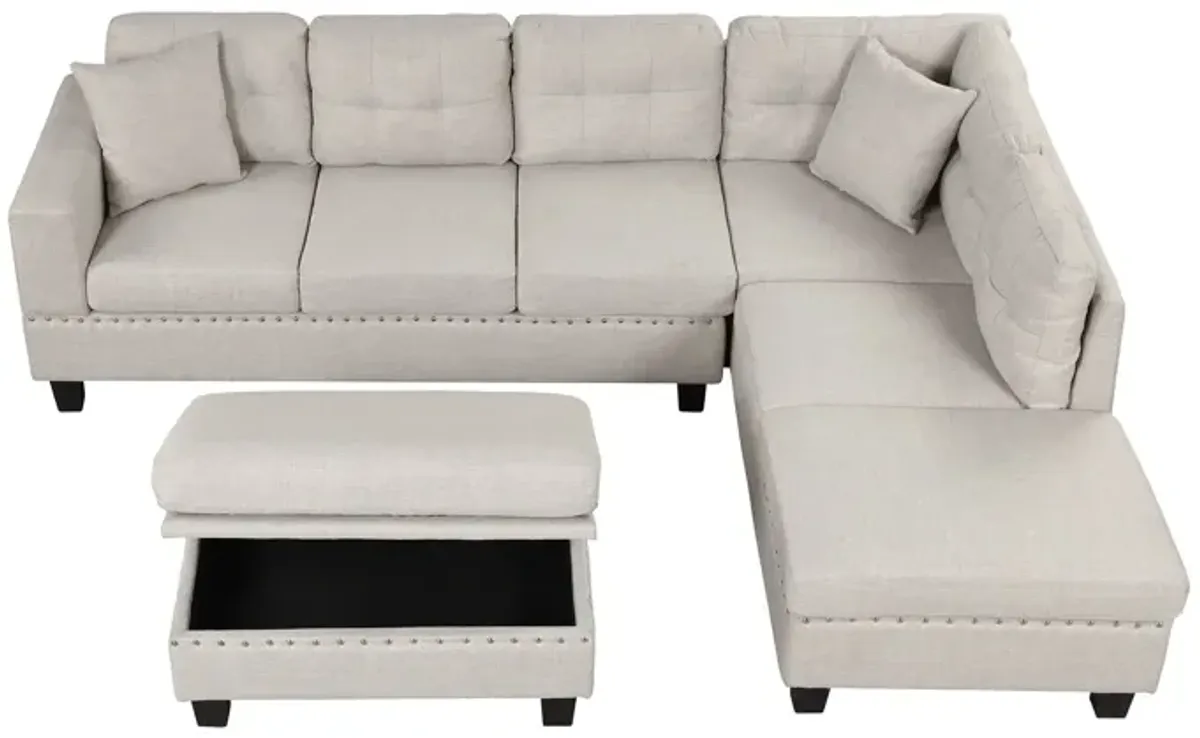 Modern Sectional Sofa With Storage Ottoman, L-Shape Couch With 2 Pillows And Cup Holder, Sectional Sofa With Reversible Chaise For Living Room