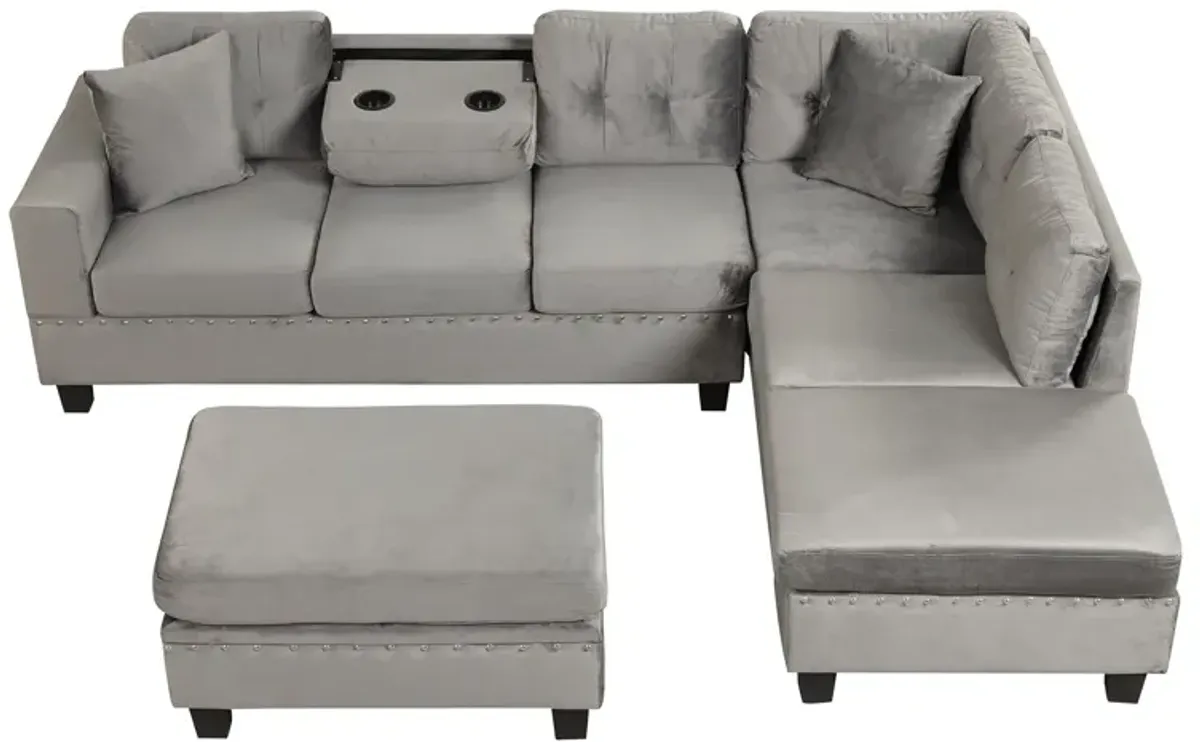 Modern Sectional Sofa With Storage Ottoman, L-Shape Couch With 2 Pillows And Cup Holder, Sectional Sofa With Reversible Chaise For Living Room