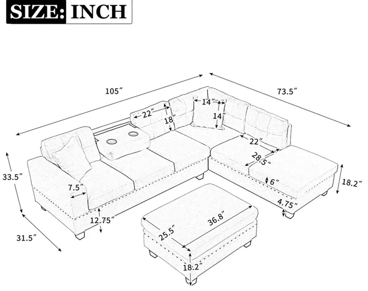 Modern Sectional Sofa With Storage Ottoman, L-Shape Couch With 2 Pillows And Cup Holder, Sectional Sofa With Reversible Chaise For Living Room