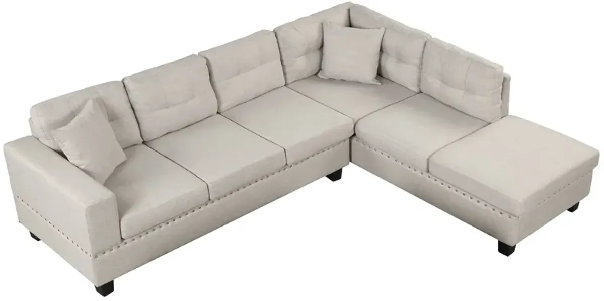 Modern Sectional Sofa With Storage Ottoman, L-Shape Couch With 2 Pillows And Cup Holder, Sectional Sofa With Reversible Chaise For Living Room