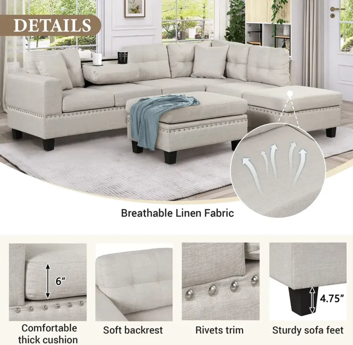 Modern Sectional Sofa With Storage Ottoman, L-Shape Couch With 2 Pillows And Cup Holder, Sectional Sofa With Reversible Chaise For Living Room