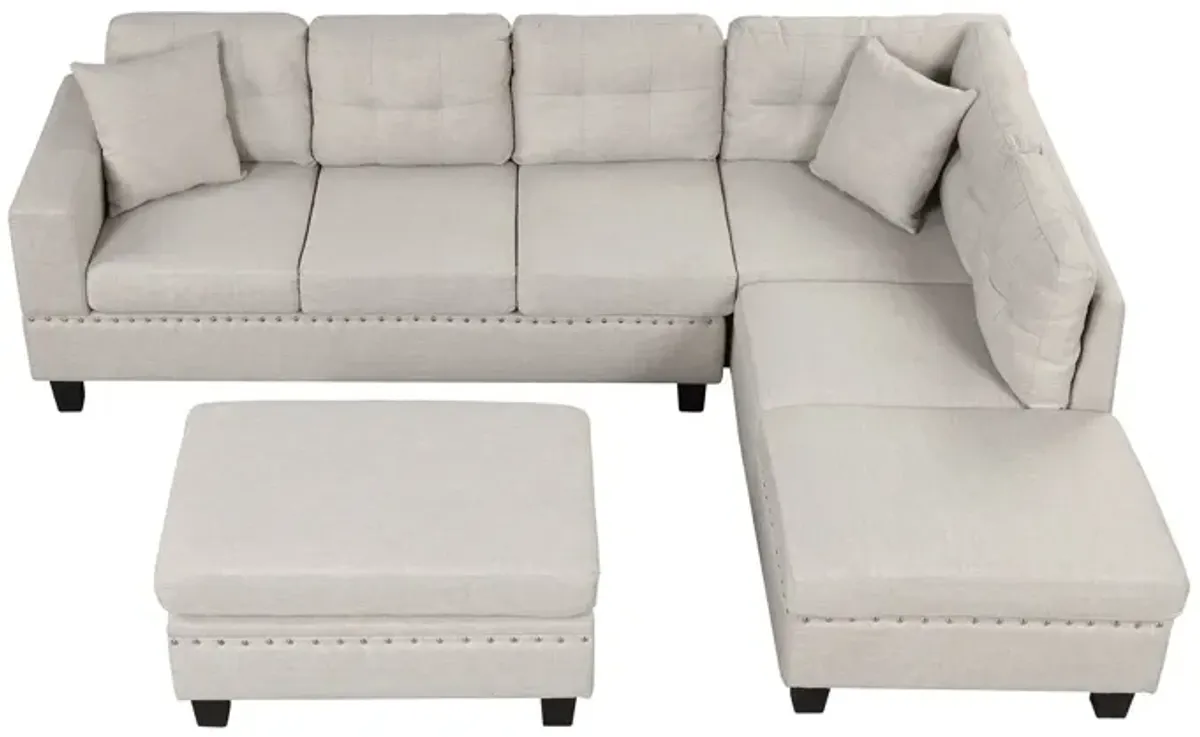 Modern Sectional Sofa With Storage Ottoman, L-Shape Couch With 2 Pillows And Cup Holder, Sectional Sofa With Reversible Chaise For Living Room