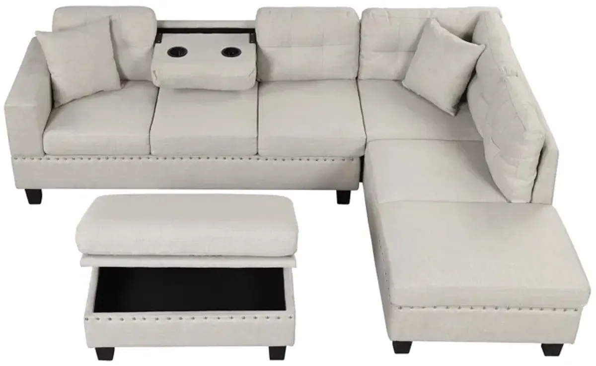 Modern Sectional Sofa With Storage Ottoman, L-Shape Couch With 2 Pillows And Cup Holder, Sectional Sofa With Reversible Chaise For Living Room