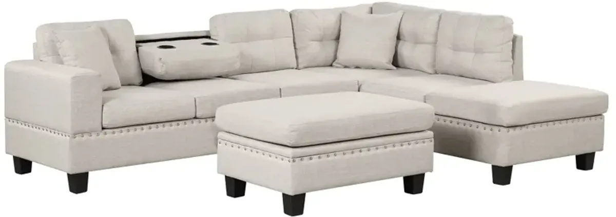 Modern Sectional Sofa With Storage Ottoman, L-Shape Couch With 2 Pillows And Cup Holder, Sectional Sofa With Reversible Chaise For Living Room