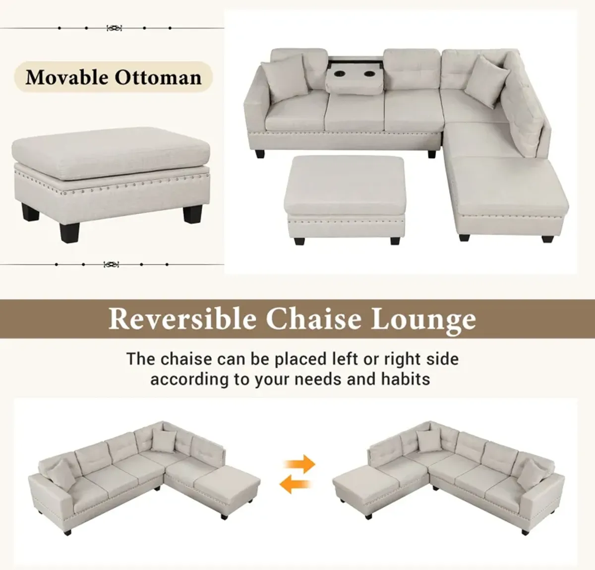 Modern Sectional Sofa With Storage Ottoman, L-Shape Couch With 2 Pillows And Cup Holder, Sectional Sofa With Reversible Chaise For Living Room