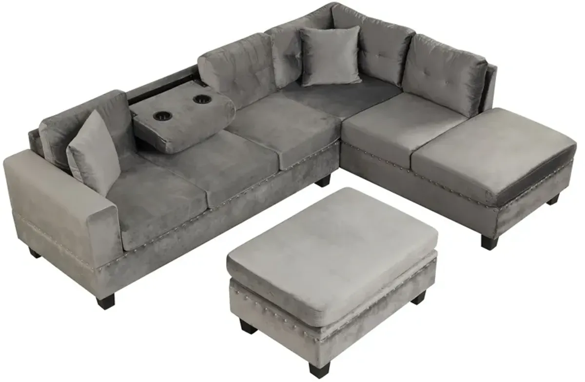 Modern Sectional Sofa With Storage Ottoman, L-Shape Couch With 2 Pillows And Cup Holder, Sectional Sofa With Reversible Chaise For Living Room