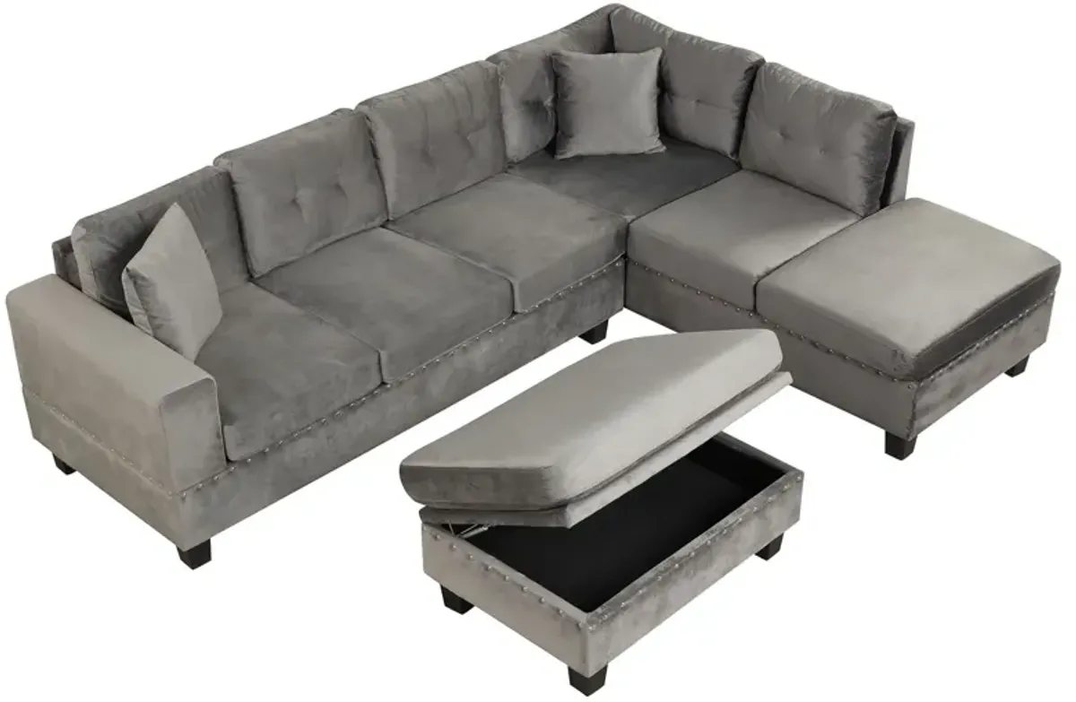 Modern Sectional Sofa With Storage Ottoman, L-Shape Couch With 2 Pillows And Cup Holder, Sectional Sofa With Reversible Chaise For Living Room