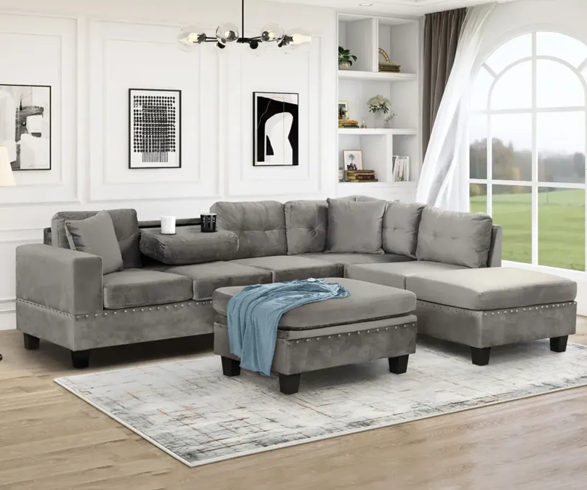 Modern Sectional Sofa With Storage Ottoman, L-Shape Couch With 2 Pillows And Cup Holder, Sectional Sofa With Reversible Chaise For Living Room