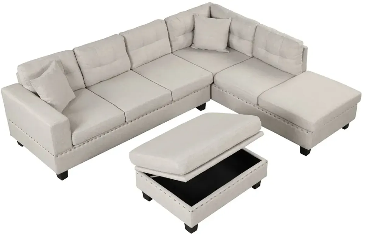 Modern Sectional Sofa With Storage Ottoman, L-Shape Couch With 2 Pillows And Cup Holder, Sectional Sofa With Reversible Chaise For Living Room