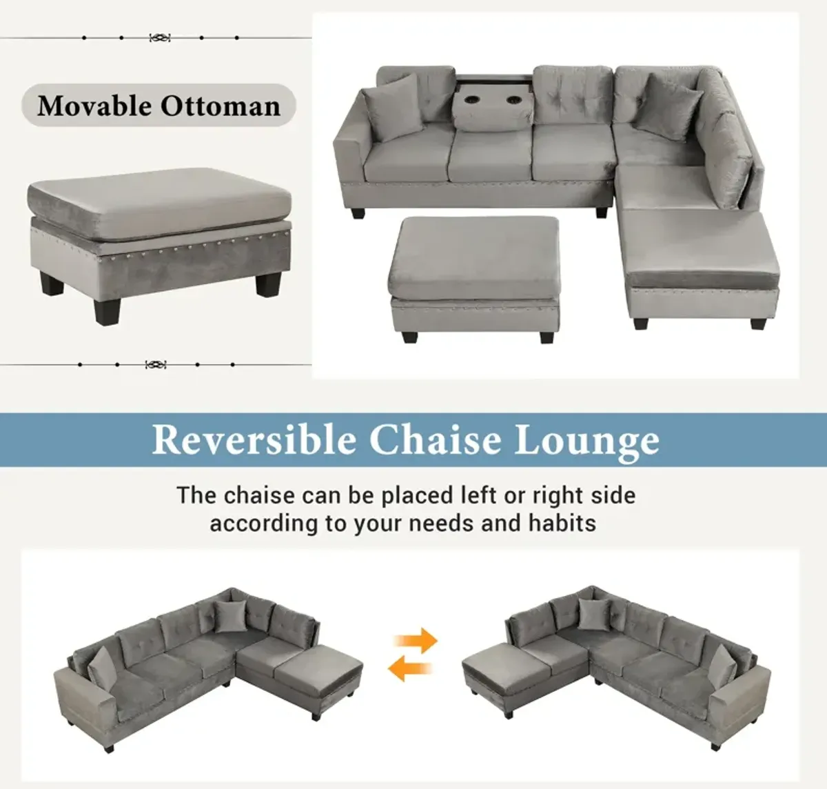 Modern Sectional Sofa With Storage Ottoman, L-Shape Couch With 2 Pillows And Cup Holder, Sectional Sofa With Reversible Chaise For Living Room