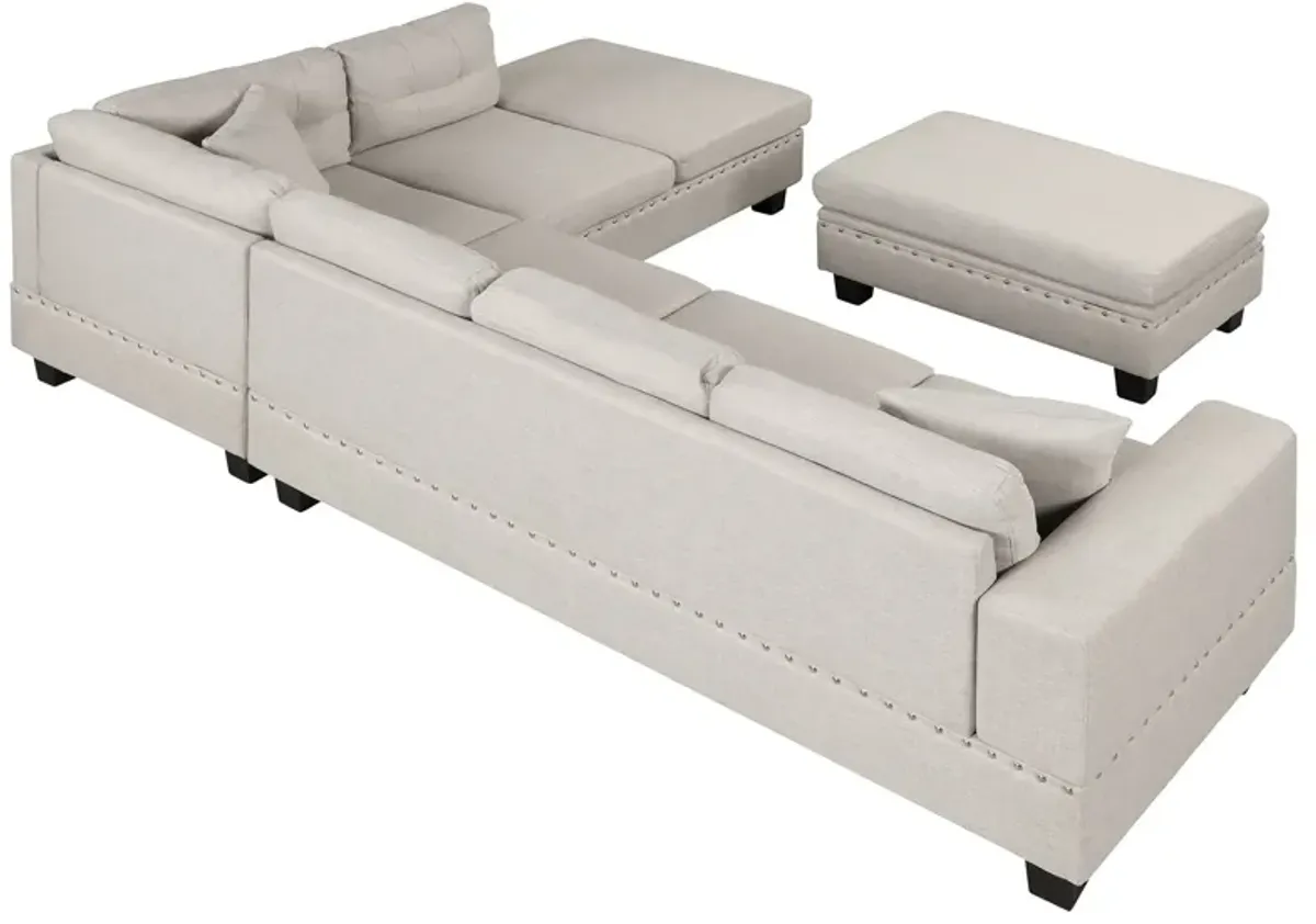 Modern Sectional Sofa With Storage Ottoman, L-Shape Couch With 2 Pillows And Cup Holder, Sectional Sofa With Reversible Chaise For Living Room