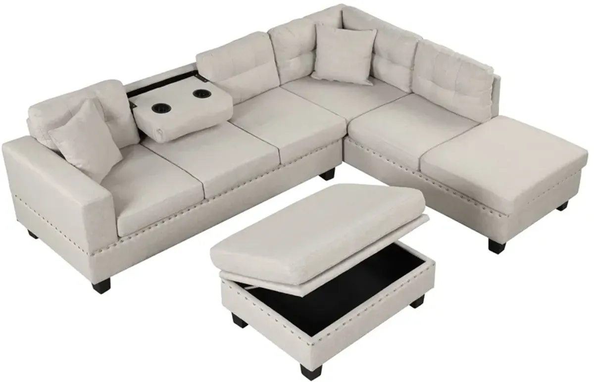 Modern Sectional Sofa With Storage Ottoman, L-Shape Couch With 2 Pillows And Cup Holder, Sectional Sofa With Reversible Chaise For Living Room