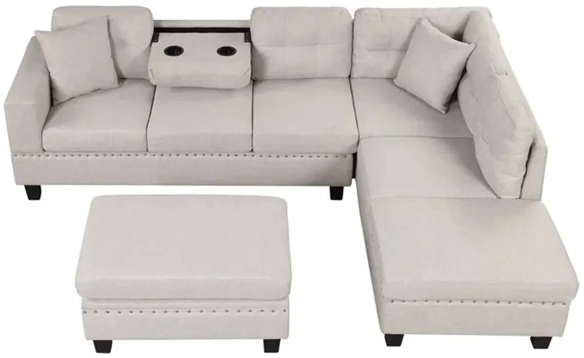 Modern Sectional Sofa With Storage Ottoman, L-Shape Couch With 2 Pillows And Cup Holder, Sectional Sofa With Reversible Chaise For Living Room