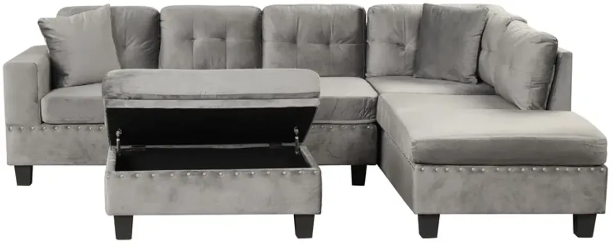 Modern Sectional Sofa With Storage Ottoman, L-Shape Couch With 2 Pillows And Cup Holder, Sectional Sofa With Reversible Chaise For Living Room