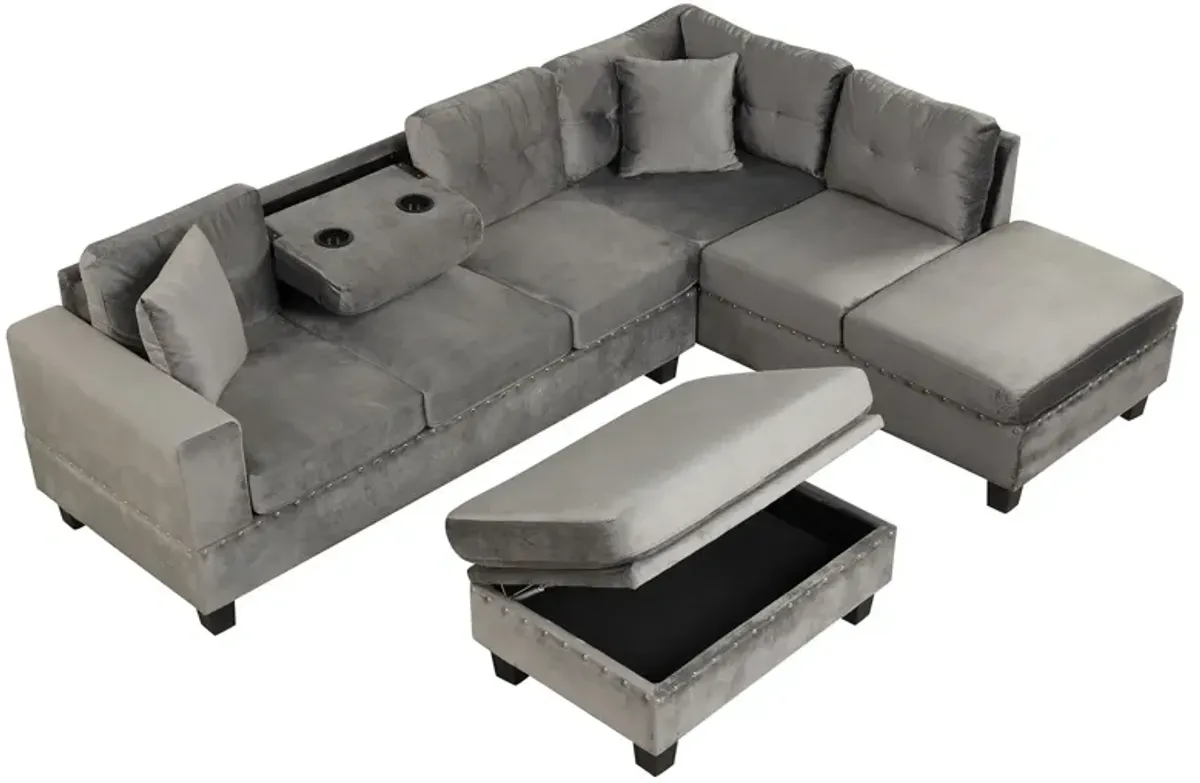 Modern Sectional Sofa With Storage Ottoman, L-Shape Couch With 2 Pillows And Cup Holder, Sectional Sofa With Reversible Chaise For Living Room