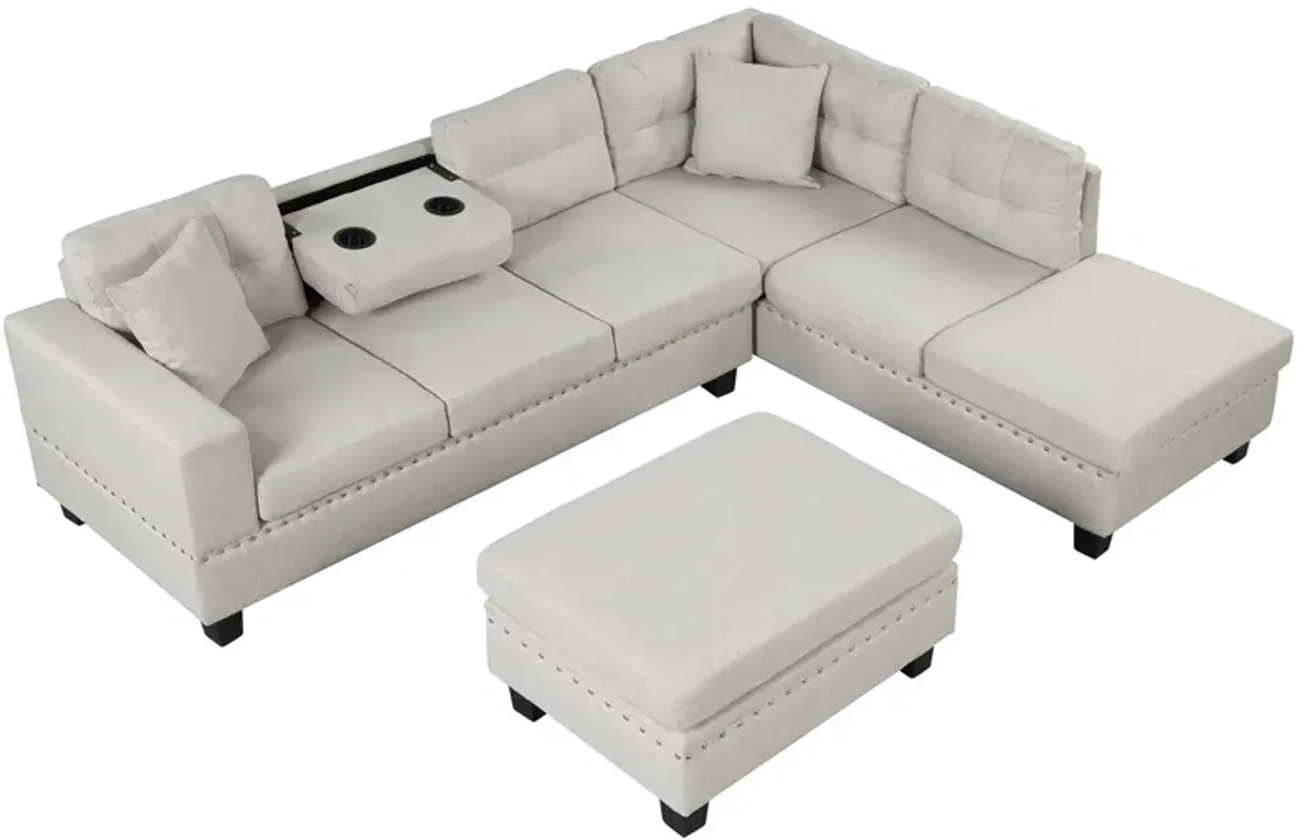 Modern Sectional Sofa With Storage Ottoman, L-Shape Couch With 2 Pillows And Cup Holder, Sectional Sofa With Reversible Chaise For Living Room