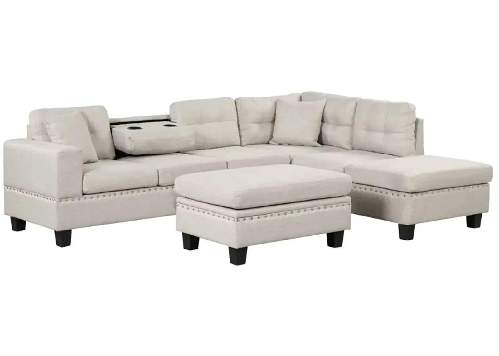 Modern Sectional Sofa With Storage Ottoman, L-Shape Couch With 2 Pillows And Cup Holder, Sectional Sofa With Reversible Chaise For Living Room