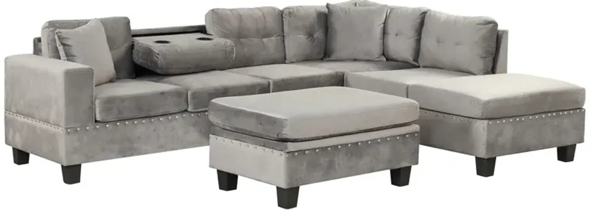 Modern Sectional Sofa With Storage Ottoman, L-Shape Couch With 2 Pillows And Cup Holder, Sectional Sofa With Reversible Chaise For Living Room