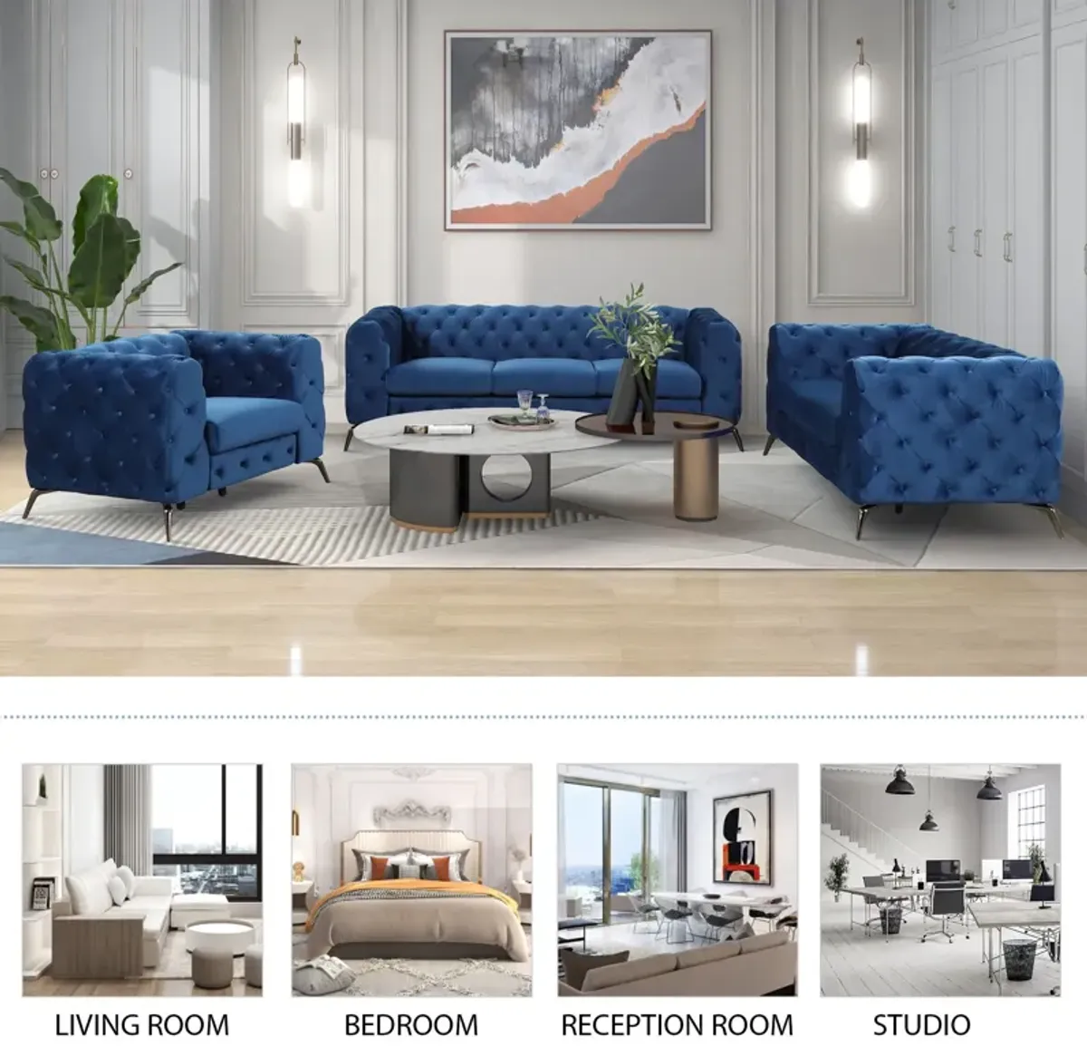 3 Piece Sofa Sets Modern With Sturdy Metal Legs, Velvet Upholstered Couches Sets Including Three Seat Sofa, Loveseat And Single Chair For Living Room Furniture Set