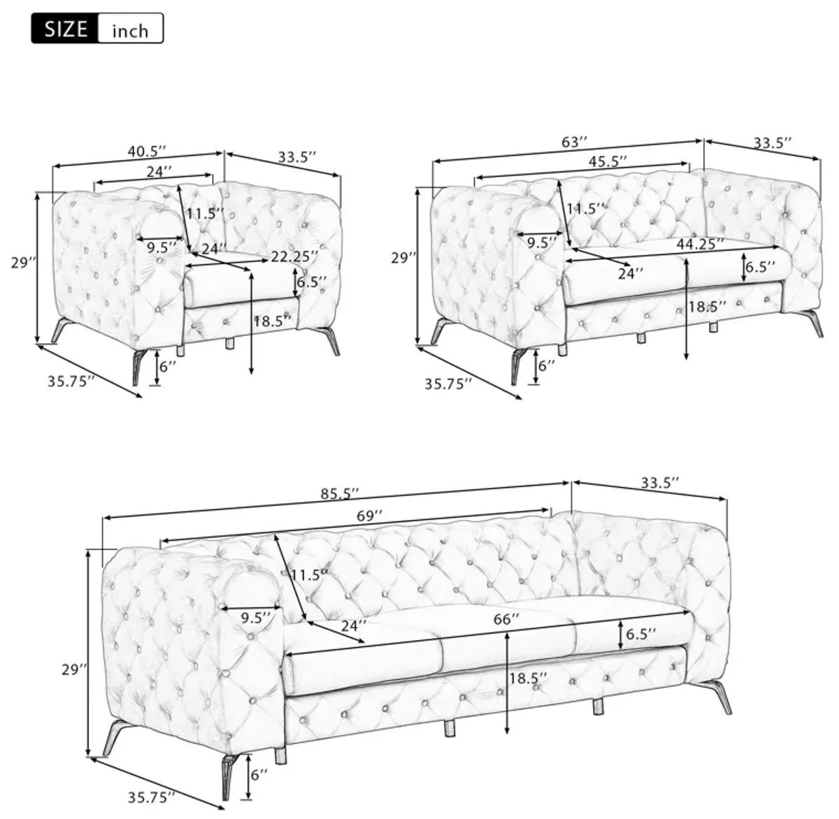 3 Piece Sofa Sets Modern With Sturdy Metal Legs, Velvet Upholstered Couches Sets Including Three Seat Sofa, Loveseat And Single Chair For Living Room Furniture Set