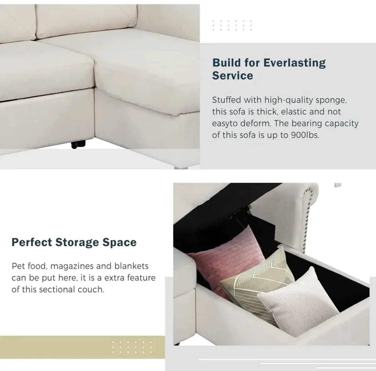 Modern Convertible Sleeper Sofa Bed With Storage Chaise