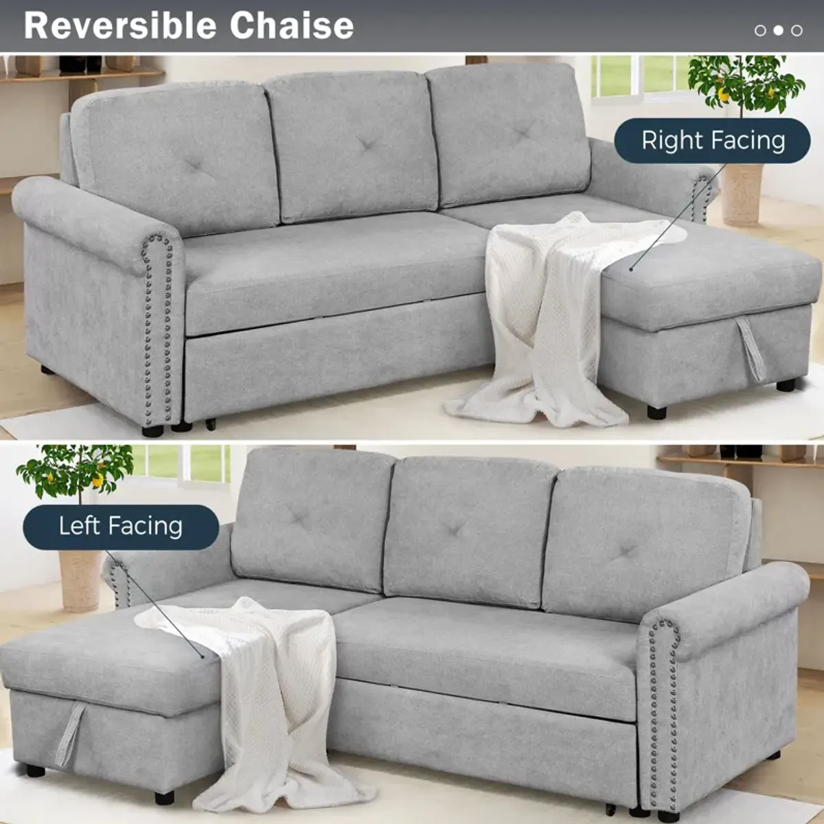 Modern Convertible Sleeper Sofa Bed With Storage Chaise