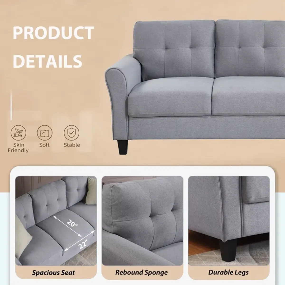 Modern Living Room Sofa Set Linen Upholstered Couch Furniture For Home Office