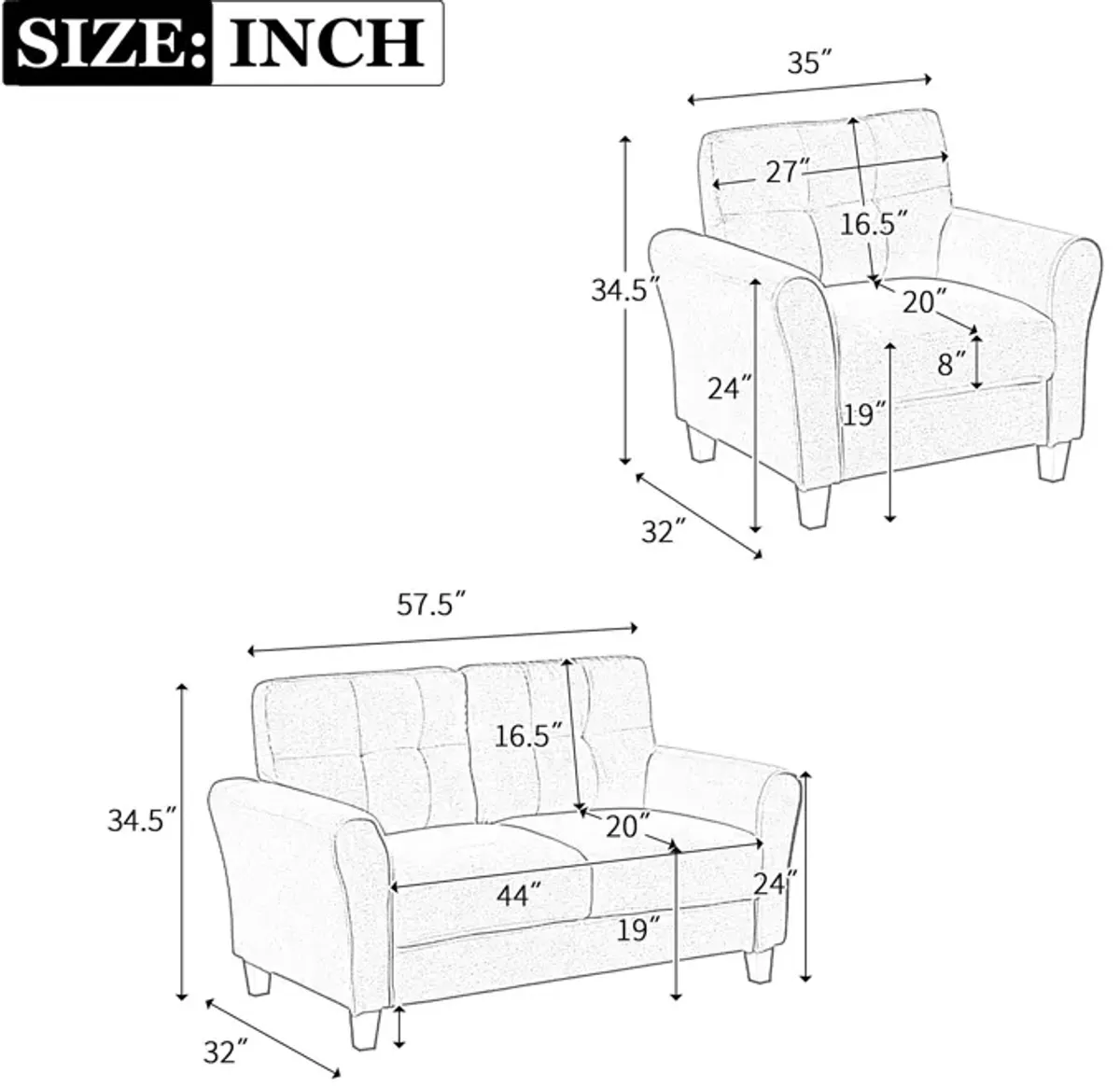 Modern Living Room Sofa Set Linen Upholstered Couch Furniture For Home Office